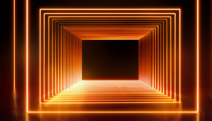 Orange Neon Squares And Lines With A Glowing Effect On A Dark Background