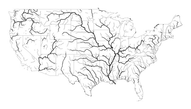 Vector Map of United States Major Rivers and State Borders High Detail Geography Chart for Education and Textbooks Showing Mississippi Missouri and Waterways Black and White Outline