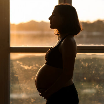 Silueta de perfil de mujer embarazada toc&aacute;ndose la barriga frente a una ventana al atardecer