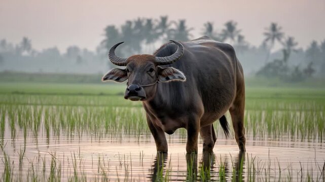 Majestic water buffalo standing in tropical rice paddy landscape