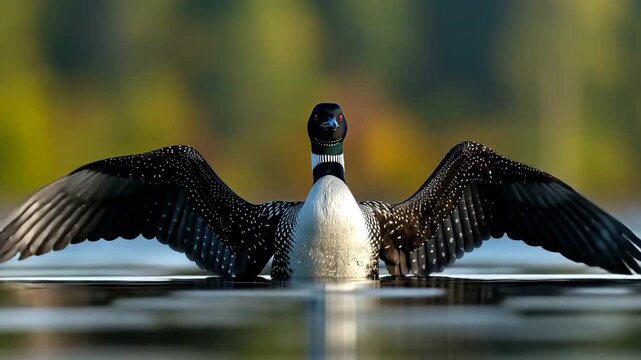 A stunning close up of a common loon displaying its wings on a calm body of water nature s beauty 4K Video