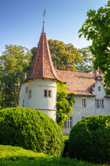 chynadiievo, transcarpathia, ukraine - 28 jul, 2013: schonborn royal palace under blue sky. heritage site in carpathians. popular tourist destination. hunting castle now a sanatorium on sunny day