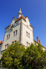 chynadiievo, transcarpathia, ukraine - 28 jul, 2013: schonborn royal palace under blue sky. heritage site in carpathians. popular tourist destination. hunting castle now a sanatorium on sunny day