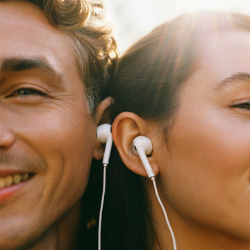 Primer plano de pareja joven sonriendo mientras comparten aud&iacute;fonos blancos con cable