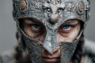 Close-up of a warrior wearing a detailed helmet.