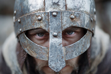 Close-up of a man wearing a metal helmet.