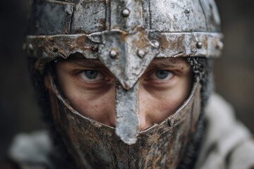 Close-up of a warrior in a metal helmet.