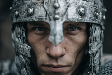 Close-up of a warrior in a metallic helmet.