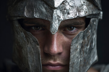 Close-up of a warrior wearing a metallic helmet.