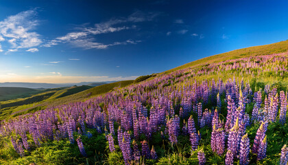 Vibrant Purple Lupine Wildflowers On A Hillside Under A Blue Sky