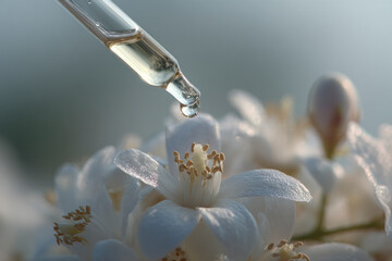 A dropper releasing liquid onto white flowers.