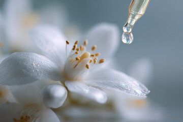 A close-up of a white flower with a dropper.