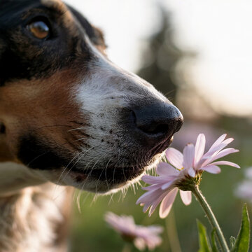 Primer plano extremo del hocico de un perro oliendo una flor rosa silvestre