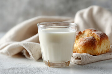 A glass of milk next to a biscuit.