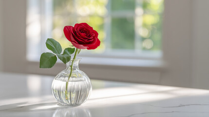One Red Rose in Bottle on Table Against Sunny Window