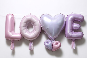 Colorful balloons spelling out the word 'LOVE'.