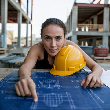 Retrato de mujer arquitecta revisando planos azules en una obra de construcci&oacute;n