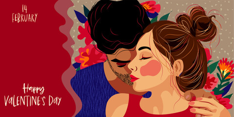 Valentines Day cute Romantic greeting card or poster. Man and woman.