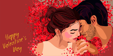 Valentines Day cute Romantic greeting card or poster. Man and woman.