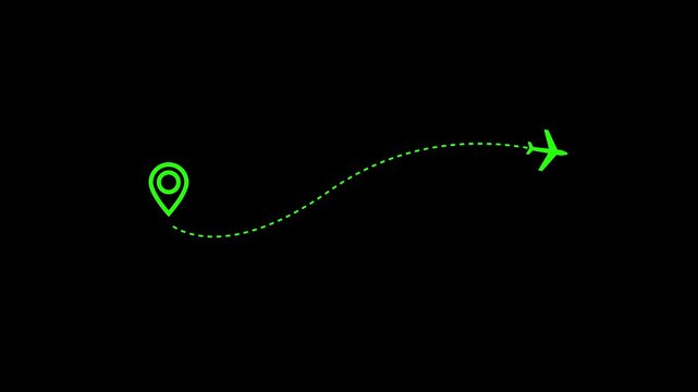 Airplane line path animation. Traveling airplane from one location to another location. Air plane flight route with the point of location line trace