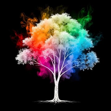 Vibrant holi celebration with colorful tree on black background