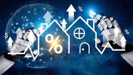 Fototapeta premium Futuristic Concept of Real Estate Market with Robotic Hands Displaying Financial Growth and Property Symbols Amidst Digital Background Gluon.