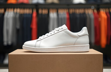 White sneaker shoe on cardboard box. Casual footwear at clothing store. New collection on display. Retail concept product promoting fashion brand. Stylish modern footwear. Shopping, sale commerce