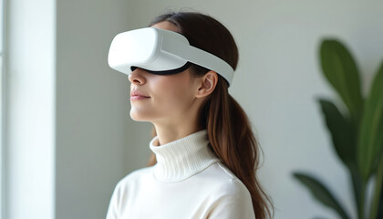 Woman uses VR mask. Female wears white virtual reality headset device. Calm person relax in stress relieving tech, enjoys digital comfort and mindful experience with modern technology.