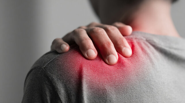 Man with shoulder pain, male experiencing injury or inflammation in his upper back, highlighted in red