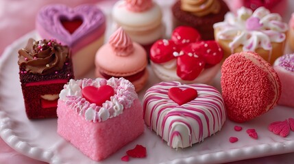 A delicious assortment of heart-shaped desserts and sweet treats on a white plate for Valentine's Day Valentine day Special