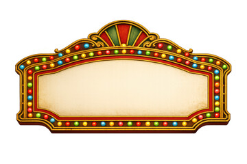 Vintage theater marquee sign with colorful light bulbs, retro entertainment billboard frame for fairground or circus shows