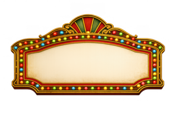 Vintage theater marquee sign with colorful light bulbs, retro entertainment billboard frame for fairground or circus shows