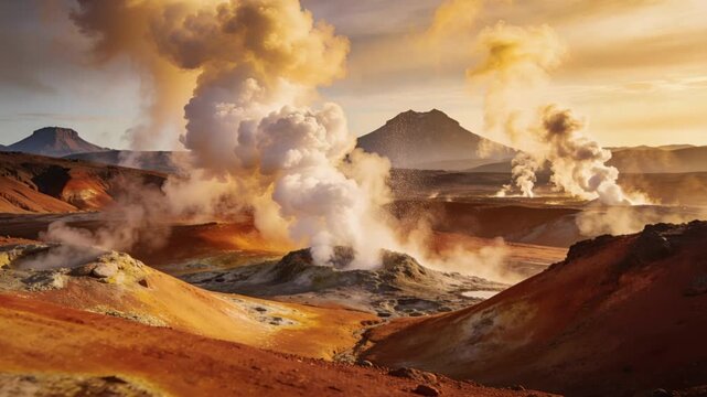 Hyper‑realistic geothermal steam vents emerging from a rugged volcanic landscape, illuminated by warm earth tones.
