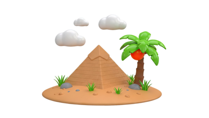 3D Cartoon Egyptian Pyramid with Palm Tree and Clouds