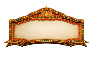 Vintage movie theater marquee glowing with colorful lights, retro cinema sign blank banner, old show entrance frame