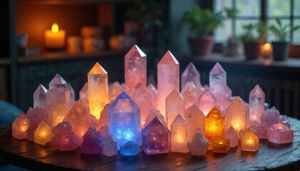 Assortment of glowing crystal stones sit on dark table. Lit candles, potted plants are visible behind them. Gemstones of varying colors provide soft glow. Crystals promote healing, spiritual balance.