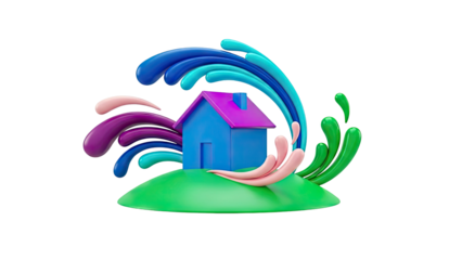 Abstract 3D House with Colorful Swirls