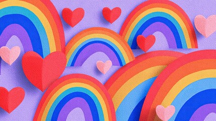 Obraz premium A colorful illustration of rainbows and hearts on a purple background Valentine day Special