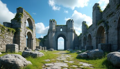 Ancient castle ruins stand against blue sky with clouds. Historical structure with stone walls arches and green grass pathway. Architectural details showcase old fortress in sunny day