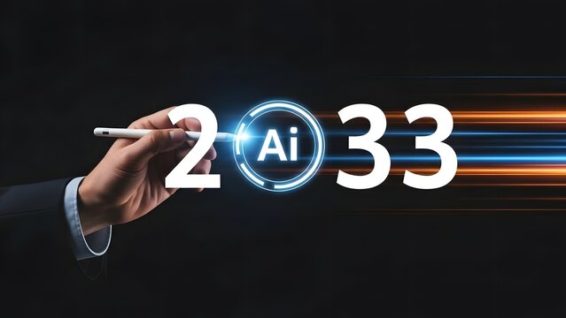 Person's finger interacts with a glowing digital interface showing the year 2033 and streaks of light.