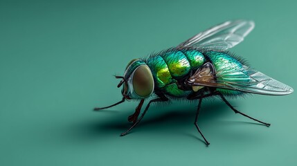 Iridescent Green Fly Close-Up: Vibrant Insect on Teal Background