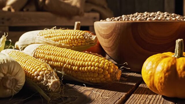 Abundant Autumn Harvest Displaying Corn Cobs Pumpkins And Grains In A Rustic Still Life Composition