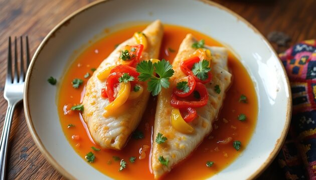 Appetizing dish of Pargo en Escabeche traditional Cuban cuisine. Fresh snapper fish with vegetables in vibrant sauce. Colorful red, yellow peppers adorn fish. Culinary photo of gourmet seafood on