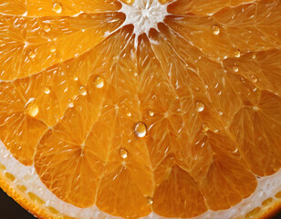 Extreme Macro Close-Up of Fresh Orange Slice Texture with Water Drops