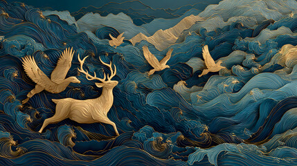 Golden Deer and Birds with Blue Waves and Mountains Modern 3D Art Mural Wallpaper - Dark Blue and Gold Artistic Background
