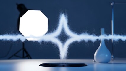 A studio setup with a bright octagonal light source and laboratory equipment on a reflective surface.