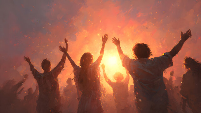 Christian worship God together hold hands and hugs warmth in Church, sun light background with sunset. Concept banner easter resurrection. Generation AI