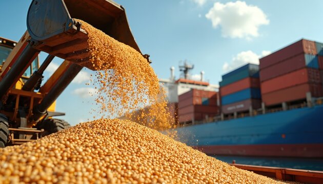 Loader pours soybeans into pile for ship loading. Bulk grain cargo transfer at port terminal with freighter. Agricultural product export logistics at harbor.