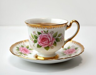 Elegant vintage teacup with tea and saucer. Porcelain cup has pink rose design and gold trim. White background isolated studio shot of traditional tableware.