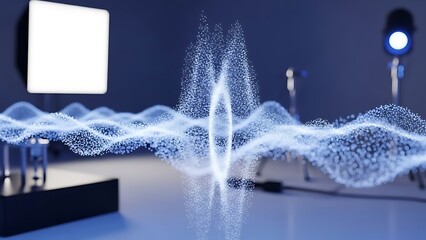 A futuristic scene featuring a glowing wave-like structure in a dark laboratory setting viewed from the side with equipment nearby.